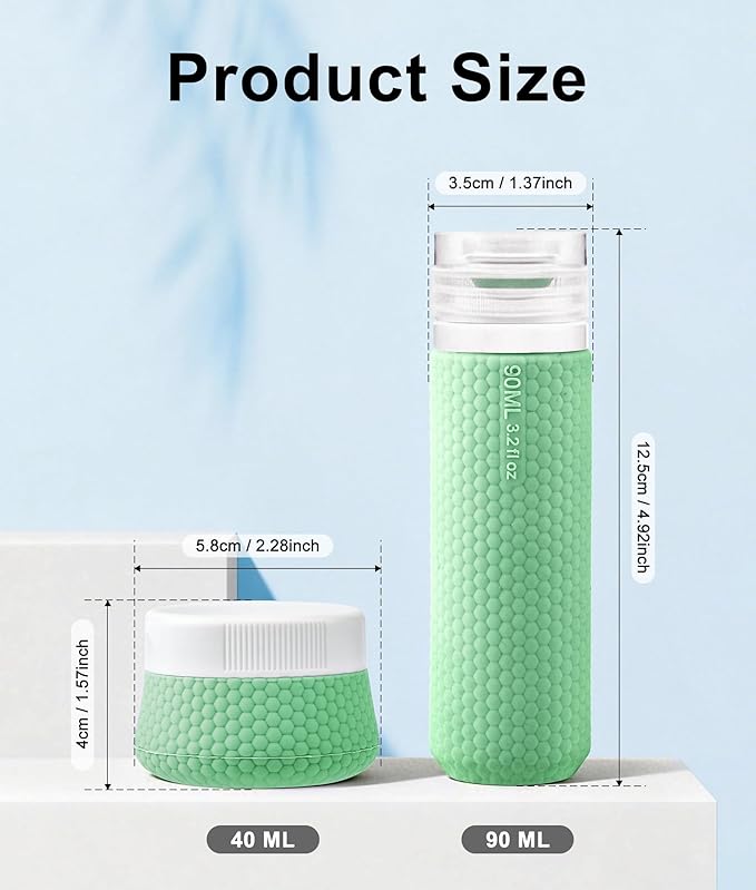Travel Bottles for Toiletries 90ml with Cosmetic Jar 40ml Luxury Leather Pattern, Anti-Slip Silicone Premium Refillable Bottle Set with Facial Brush for Gym Men Women