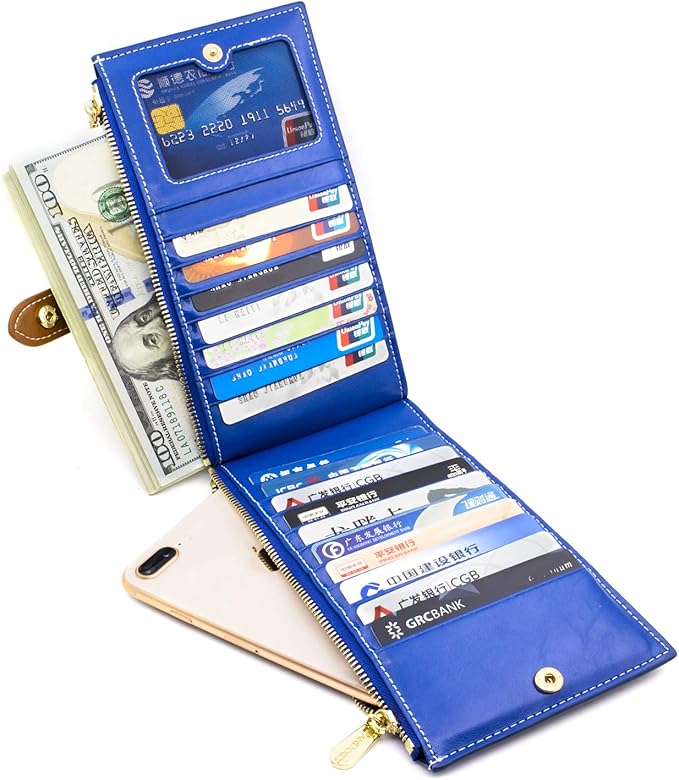 ANDOILT Women's Genuine Leather Wallet RFID Blocking Credit Card Holder Zipper Purse Cell Phone Handbag