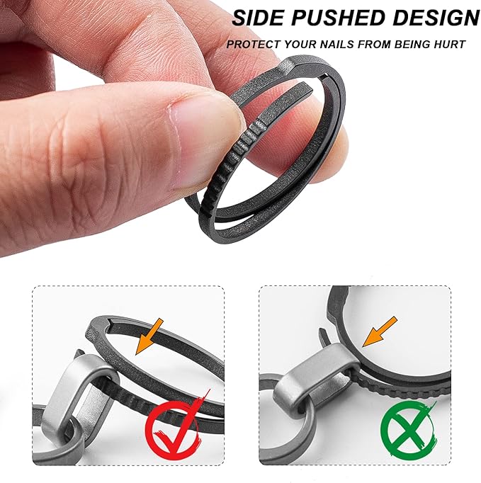TISUR Titanium Keychain Rings, Split Side Pushing Key Rings Heavy Duty Black Key Ring For Key Chain Carabiner Dog Tag Ring