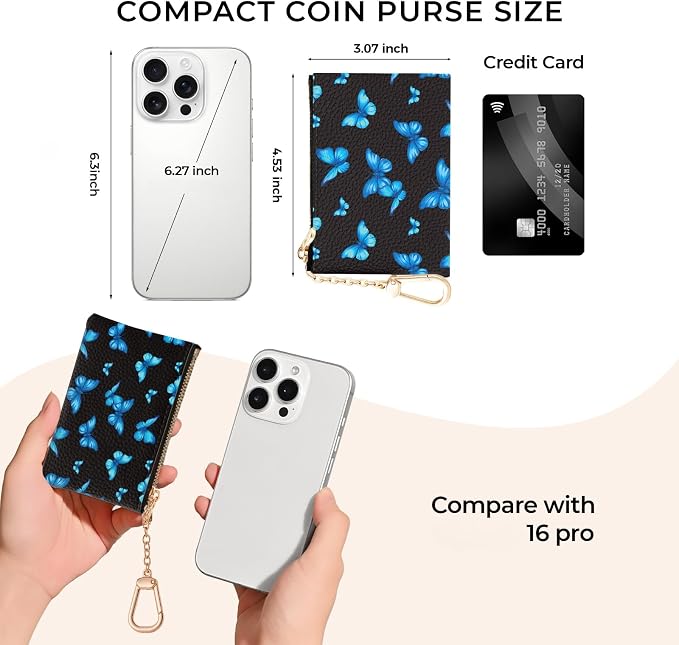 Blue Butterfly Keychain Coin Purse for Women, Small PU Leather Change Pouch, Zipper Little Tiny Travel Wallet for Girls, Cute Kawaii Zip Pocket Coin Holder with Key Ring