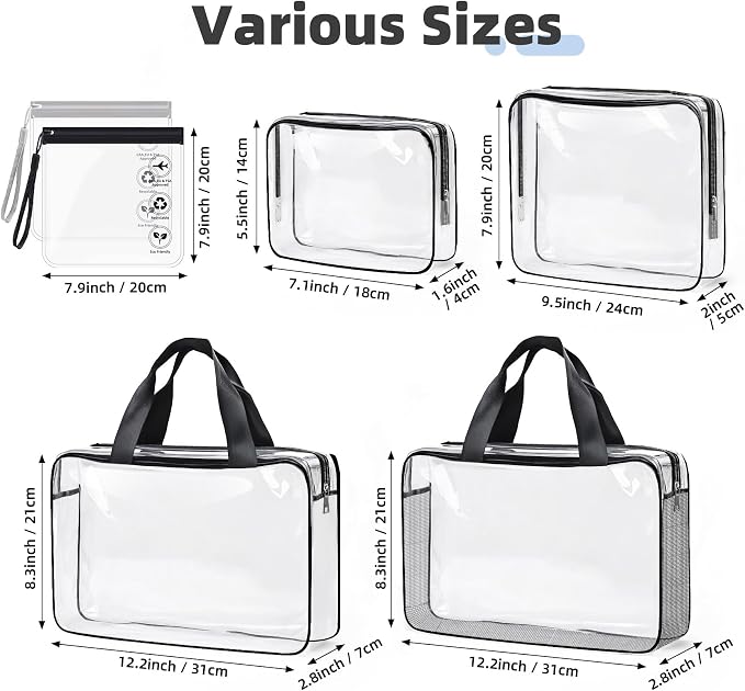 ABSOFINE Clear Toiletry Bag for Travel Size Toiletries, 4 Pack Large Waterproof PVC Makeup Bags with 2 Pack Airport Security Liquids Bags, Travel Essentials toiletry Bottles for Women Girls Men