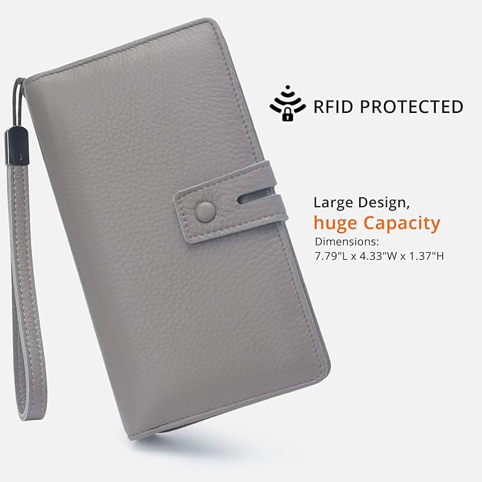Bveyzi Women's Big Fat Rfid Leather Wristlet Wallet Organizer Large Phone Checkbook Holder with Zipper Pocket (Grey)