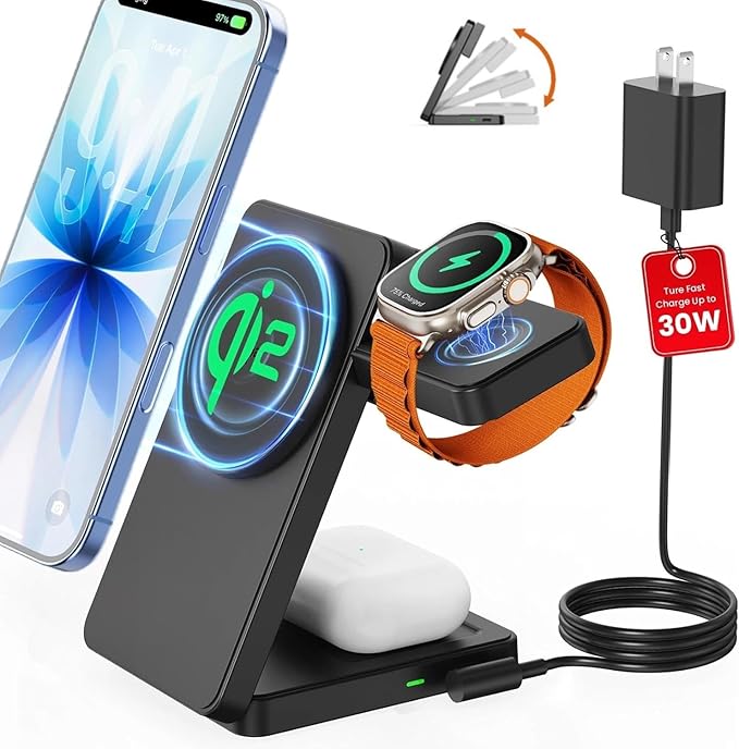Magnetic Wireless Charging Station for Apple: Upgraded Qi2 Certified 15W 3-in-1 Magsafe Wireless Charger Stand, Foldable Travel Fast Charger for iPhone 17 16 15 14 13 12 Series, Apple Watch, AirPods