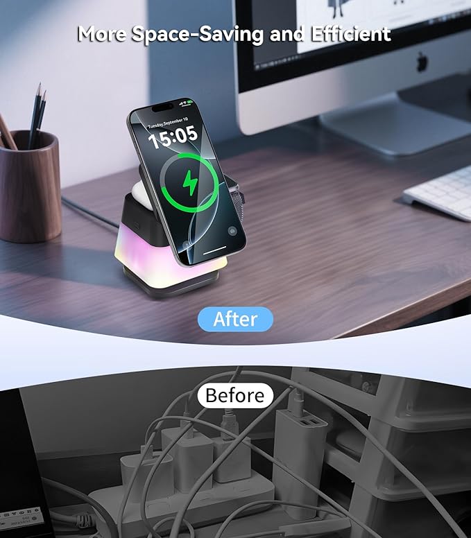 4 in 1 Wireless Charging Station,Charger Stand with Night Light for iPhone17/16/15/14/13/12,Airpods,Watch(20W Adapter),Magnetic Charging Station for Apple