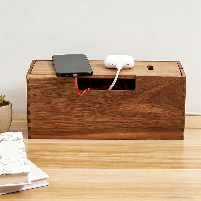Cord Management Box - Solid Timber Structure, Extension Lead Hideaway Case, Tangles Free Cable Tidying Station, Minimalists Decorative Safety Shell | Desk Tool for Professionals & Students