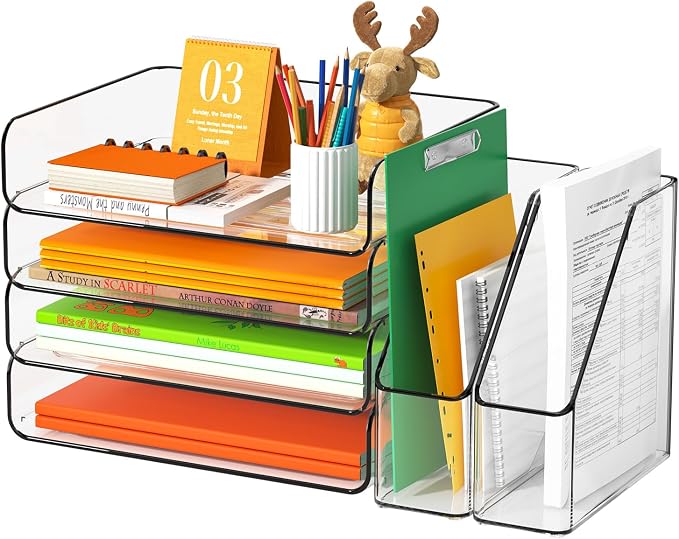 FANXIYQ 4-Tier Acrylic Paper Tray Organizer with Bookends, Large Clear Stackable Letter Tray Organizer for Desk, Acrylic File Organizer & Office Paper Storage, 12.6" Wide Desktop Organizer