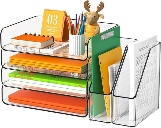 FANXIYQ 4-Tier Acrylic Paper Tray Organizer with Bookends, Large Clear Stackable Letter Tray Organizer for Desk, Acrylic File Organizer & Office Paper Storage, 12.6" Wide Desktop Organizer