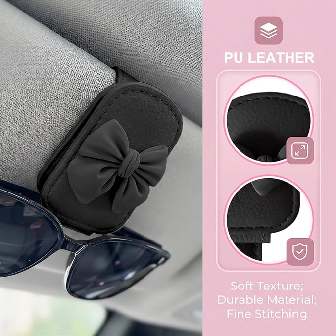 Bittwee Sunglasses Holder for Car Visor, Magnetic Cute Bow Leather Sun Visor Eyeglasses Mount & Ticket Card Clip, Magnet Automotive Interior Glasses Hanger Organizer, Universal for Vehicles (Black)
