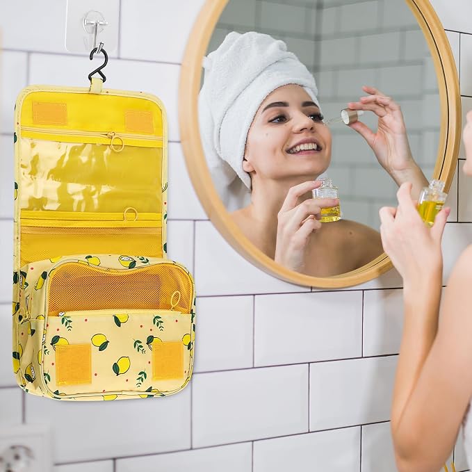Foldable Hanging Travel Toiletry Bag,Waterproof Portable Travel Bags, Multifunction Travel Makeup Cosmetic Bag Organizer with Hanging Hook (Yellow Lemon)