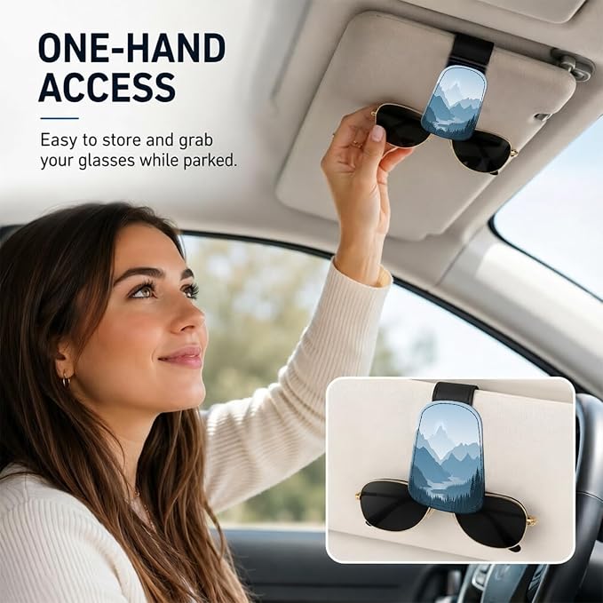 Leather Magnetic Sunglass Holder for Car Sun Visor, Cute Eyeglass Ticket Card Hanger Clip, Universal Auto Interior Accessories for SUV Pickup Truck, Blue Mountain
