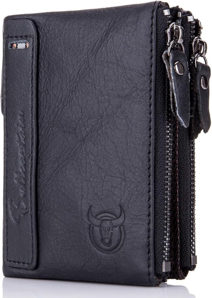 BULLCAPTAIN Genuine Leather Wallet for Men Vintage Bifold with Double Zipper Pockets (Black)