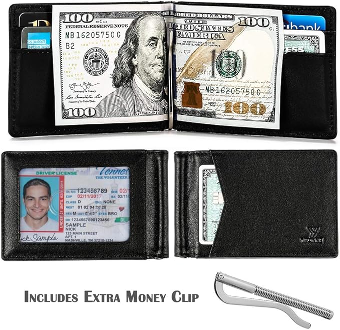 YBONNE Mens Slim Wallet with Money Clip Front Pocket RFID Blocking Thin Bifold Leather Card Holder Minimalist Mini Billfold