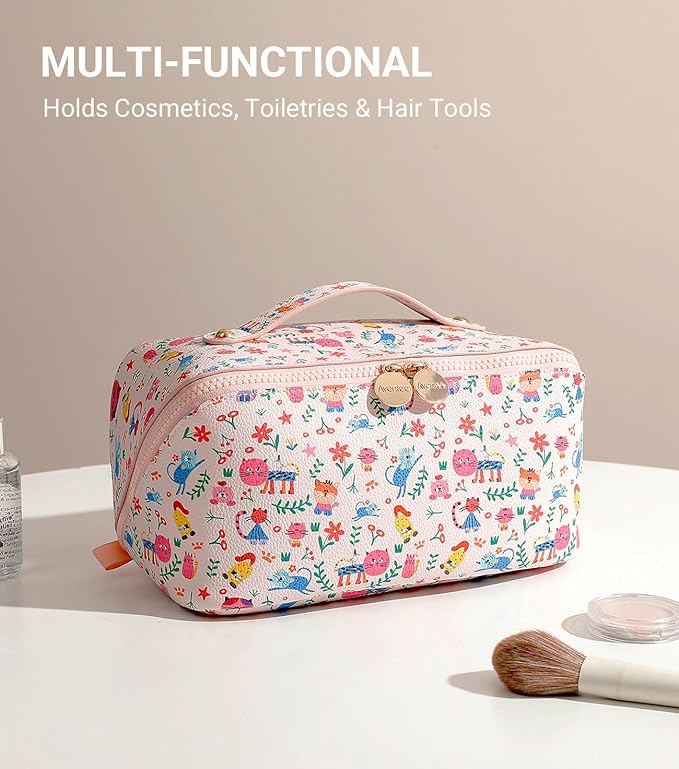 Aveniee Travel Makeup Bag for Women, Large Cosmetic Organizer with Open-Flat Design, Clear Divider & Handle - Waterproof PU Leather Toiletry Case, Cat Pattern