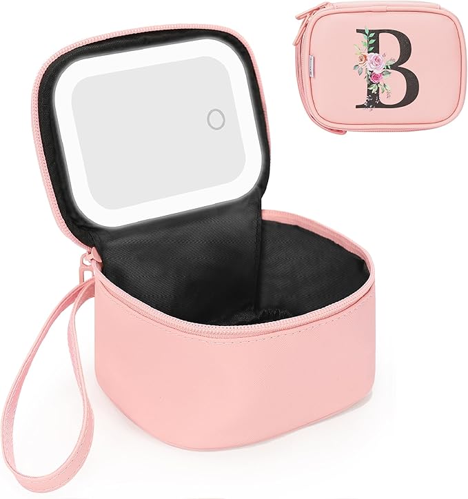 Relavel Mini Makeup Bag with Led Mirror for Mothers Day Gifts, Initial Cosmetic Bag with 3 Lighting Modes, Personalized Travel-Size Bag, Preppy Make Up Pouch for Trip - Pink B