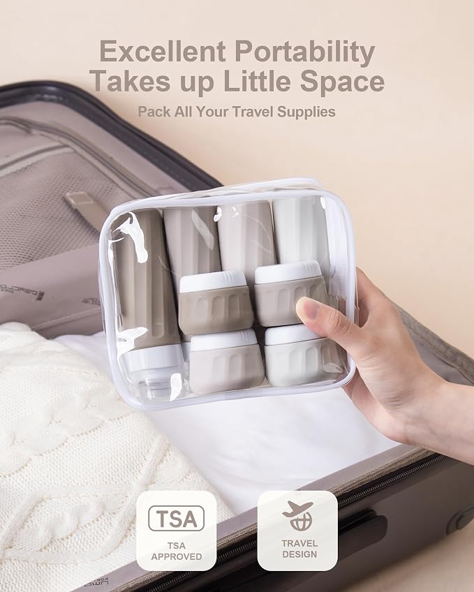 Mrsdry Travel Bottles for Toiletries 8 Pack, Travel Size Toiletries, Tsa Approved Travel Size Containers 3oz, with Travel Essentials Clear Bag, Leak Proof Silicone Squeezable Creams Jars