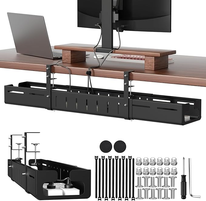 Under Desk Cable Management Tray, Expandable 25.6"–42.5" Heavy Duty Carbon Steel with Clamp, Hidden Cord Organizer for Desk, Home Office & Standing Desk, No Drill Installation, Black