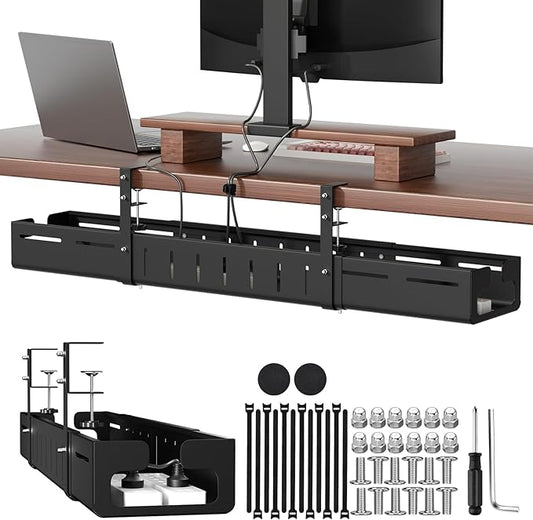Under Desk Cable Management Tray, Expandable 25.6"–42.5" Heavy Duty Carbon Steel with Clamp, Hidden Cord Organizer for Desk, Home Office & Standing Desk, No Drill Installation, Black