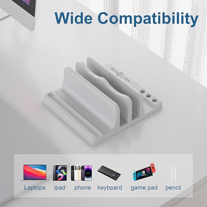 Vertical Laptop Stand Holder - Adjustable ABS Plastic Laptop Holder Vertical, Space-Saving 4 in 1 Compatible with All MacBook Pro Air, Mac, HP, Dell, Microsoft Surface (White)