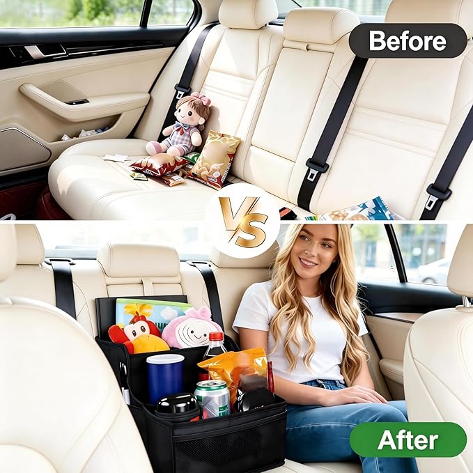 Car Seat Organizer Backseat and Passenger Seat Organizer with 9 Compartments 2 Cup Holders Car Organizer Front Seat Storage for Travel Kids，Black