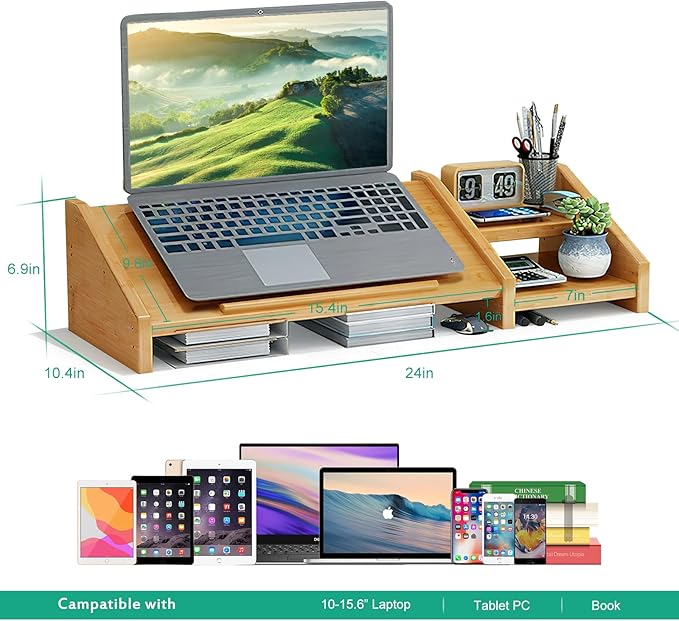 Ufine Bamboo Laptop Stand for Desk 3 Heights Adjustable Notebook Stand Computer Monitor Riser with 2 Tier Storage Shelf, Desktop Organizer Printer Stand for Home Office