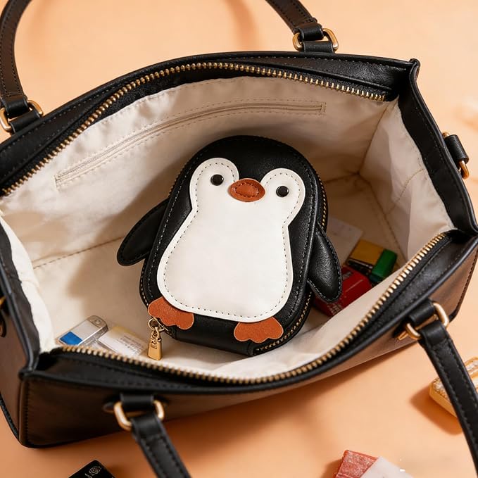 Cute Cartoon Penguin-shaped Coin Purse PU Leather Accordion Card Holder Large Capacity Zippered Money and Card Organizer Portable Mini Coin Purse (2-pack black + red)
