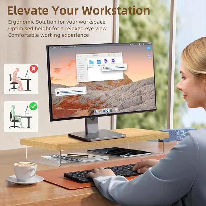 Monitor Stand Riser, Wood & Acrylic Computer Monitor Stand Desk Desktop Organizer Table for Home, Office Workspace, Laptop Riser, Printer, PC & TV Screen Riser