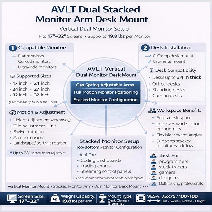 AVLT Dual 17"-32" Stacked Monitor Arm Desk Mount for 2 Flat or Curved Screens, Full Motion Height Adjustable with Swivel, Tilt, Rotation, Extra Tall, VESA, C-Clamp or Grommet Base