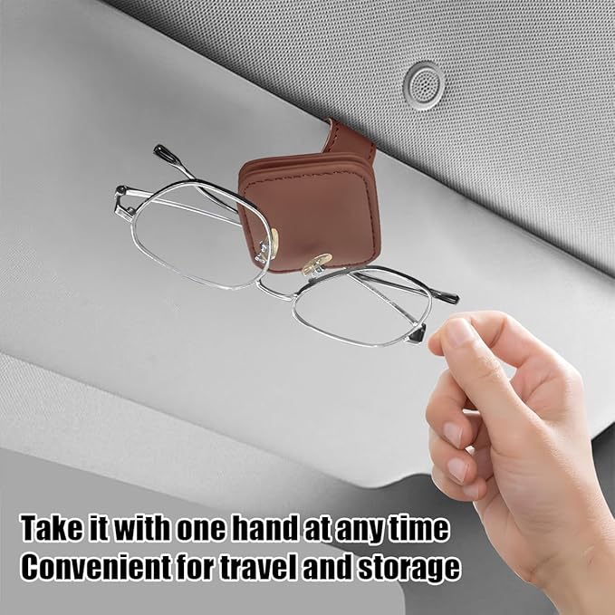 Sunglasses Holder for Car Visor, Magnetic Leather Vehicle Glasses Ticket Card Clip, Automotive Interior Eyeglass Hanger Organizer Accessories, Universal for SUV, Sedan, Truck (Brown)