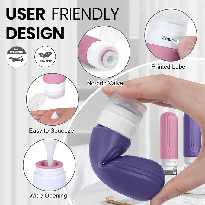 Travel Bottles for Toiletries 8 Pack, TSA Approved Travel Size Toiletries Containers Set, 4 Silicone Leak Proof Refillable Bottles and 4 Creams Jars Accessories Kit W/Clear Bag (PURPLE)
