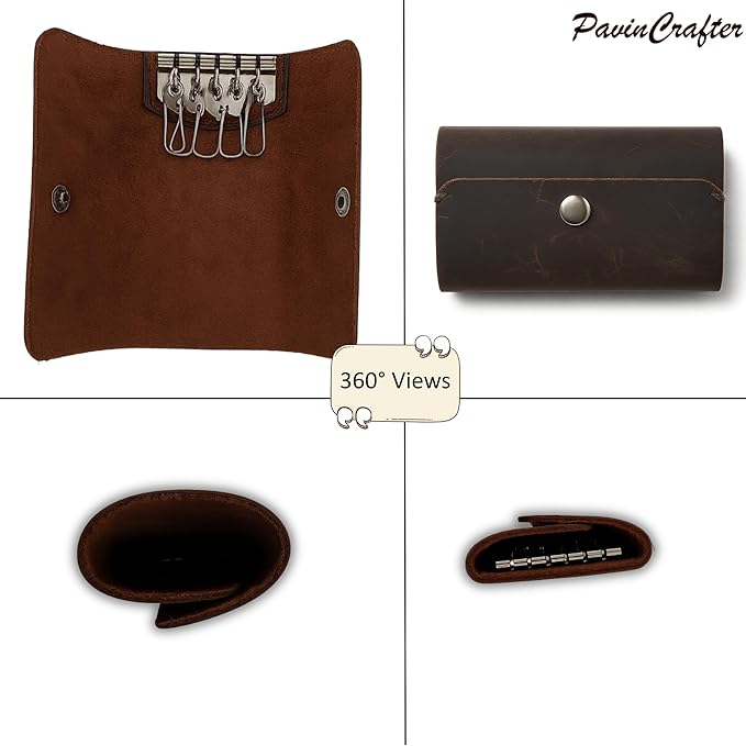 Leather Key Sleeve Brown Genuine Leather Key Holder with Ring, Compact Key Organizer for Men & Women