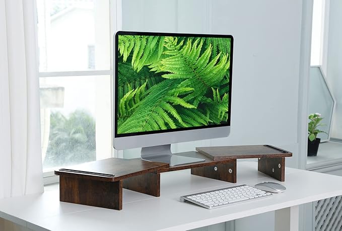 Dual Monitor Stand Riser with Storage, Adjustable Length & Angle Wooden Desk Shelf for 2 Monitors, Computer Stand for Home Office, PC, Laptop, Printer