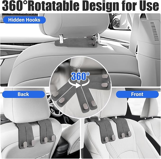 TwinHook Leather Car Headrest Hangers, Car Headrest Hooks for Purse and Bags, 2-in-1 Leather Car Seat Back Storage Hook, Anti-Slip Purse Holder for Car, Supports Up to 50 lbs (Gray-2 Pack)
