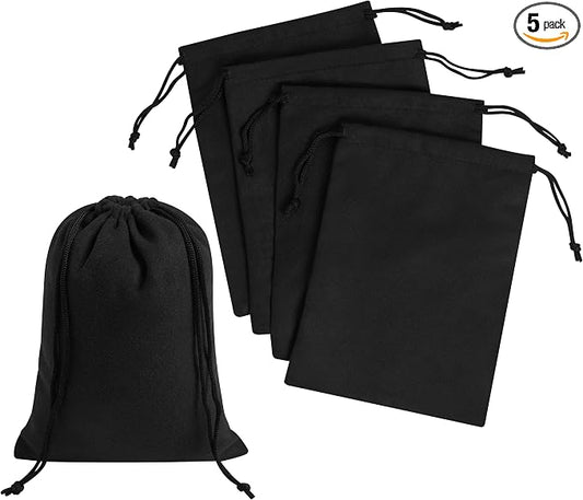 Premium Microfiber Drawstring Bags (Set of 5) – Multipurpose Travel Storage Pouches for Cords, Toiletries, Jewelry, Shoes – Durable Organizer with Strong Drawstring Closure (Black, 5 x 7 Inches)