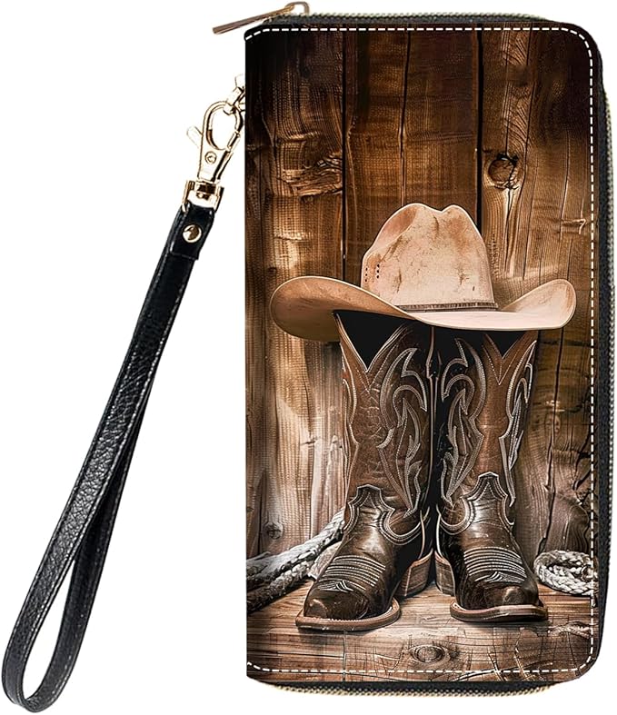 Women's Large Capacity Wallet, Portable PU Leather Zipper Wallet for Smart Phone/Card/Coin/Cash, Multifunctional Clutch Wallet with Removable Wristlet Strap, Western Cowboy Equipment Boots and Hat