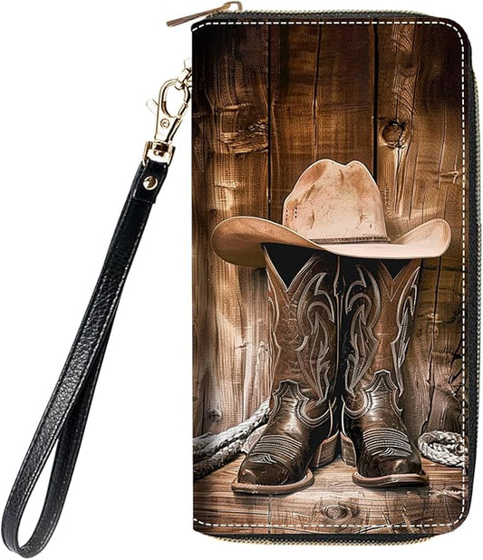 Women's Large Capacity Wallet, Portable PU Leather Zipper Wallet for Smart Phone/Card/Coin/Cash, Multifunctional Clutch Wallet with Removable Wristlet Strap, Western Cowboy Equipment Boots and Hat