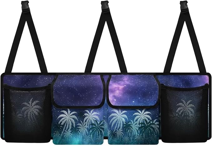 Starry Sky Back Seat Trunk Organizer,Coconut Tree Design Car Trunk Storage Organizer with Lid Keep your Trunk Clean and Tidy 4 Large Pockets Not Easy to Fade