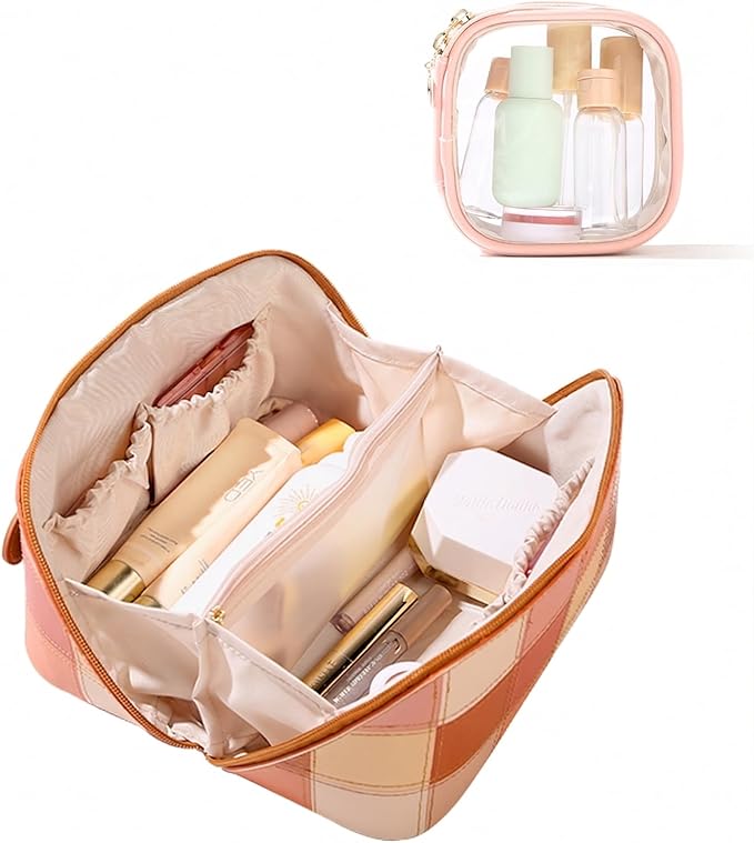 Travel Makeup Bag Organizer with TSA Approved Clear Pouch, Large Capacity Cosmetic Case with 180° Wide Open Design, Portable Toiletry Bag with Dividers for Brushes & Toiletries
