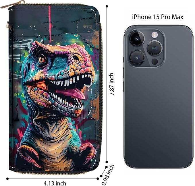 Women's Large Capacity Wallet PU Leather Zip Around Clutch Purse Multifunctional Wallet with Removable Wristlet Strap for Smart Phone/Coin/Card/Cash - Dinosaur