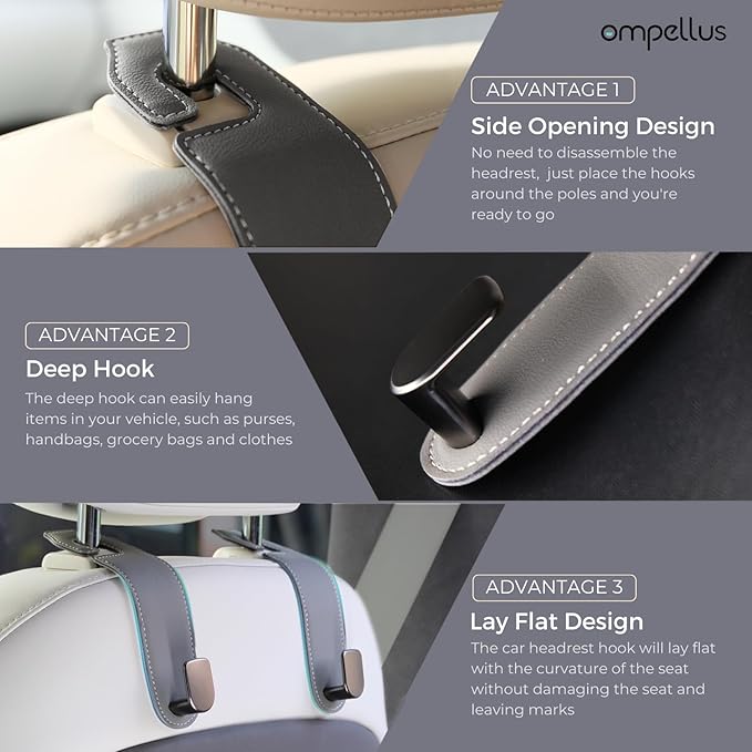 Car Headrest Hook, 2 Pack Leather Car Seat Hooks for Purses and Bags, Car Organization Accessories (Tan)