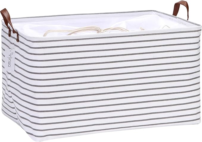 Hinwo 70L Extra Large Storage Bins, Closet Organizers and Storage, Foldable Clothes Storage Baskets with Handles, Containers for Clothing, Blanket, Comforters, Toys, Bedding (Gray Stripe)