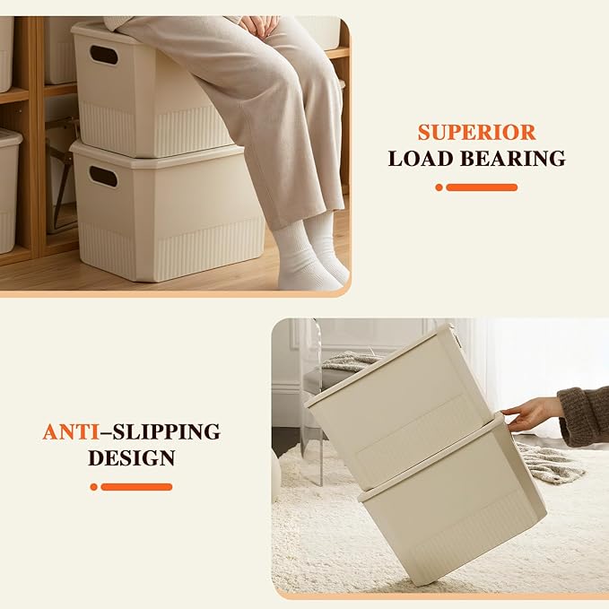 ANMINY 12PCS Plastic Storage Bins Containers with Lids, Large Storage Organization Bins Boxes, Lidded Plastic Storage Baskets for Closet Shelves Desktop, Ivory Lids, 2XL + 4L + 2M + 4S
