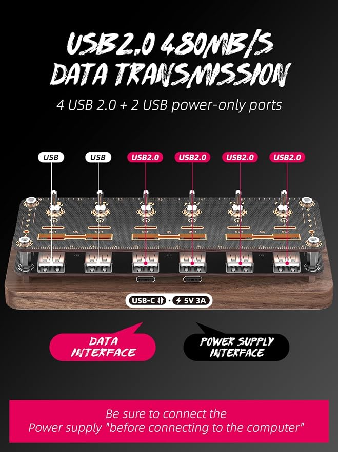 Walnut Cyberpunk USB Docking Station for Independent Switch Control, 6 Port USB2.0 Hub,USB Splitter Expander,USB/SD/TF Card Storage Box,Retro USB Desktop PC Controller-F062