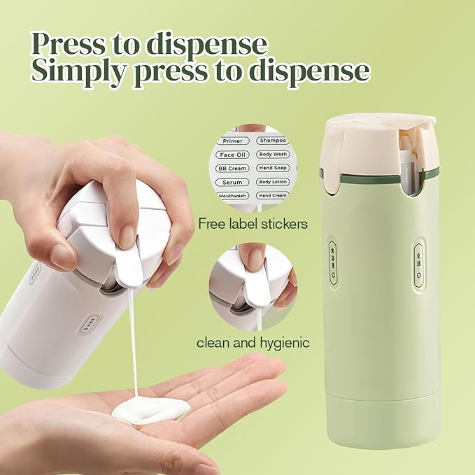 4 in 1 Travel Dispenser, 4 Pack 30ML Travel Bottles with Measurement Scale & Label Stickers for Toiletries, Leak Proof Dispenser Bottle Containers for Shampoo Lotion Conditioner Cream (Green)