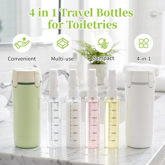 4 in 1 Travel Dispenser Bottle Set - 30ml x4 TSA Approved Leak Proof Airless Pump Bottles, Refillable Small Containers for Shampoo Lotion, Portable Travel Toiletries for Carry On (Key Lime)