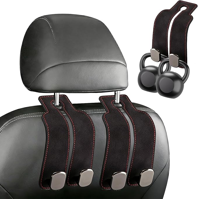 Headrest Hooks for Car, 2 Pack Leather & Metal Car Seat Hooks for Headrest, 50lbs Weight Limit Car Seat Storage Hook, Car Storage Hooks for Purses, Handbags, Grocery Bags, Bottles (Black)