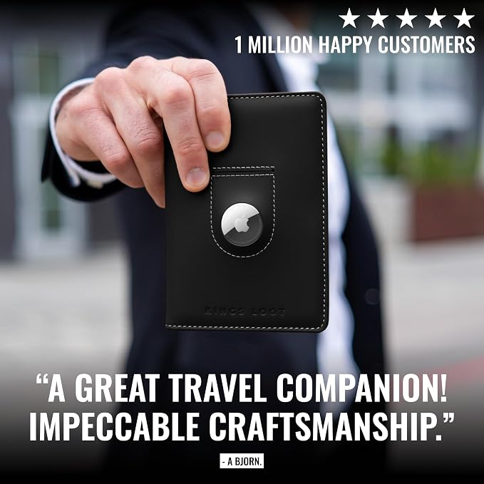 Kings Loot Passport Holder Wallet – RFID Blocking Leather Travel Wallet with Built-in Airtag Holder – Holds 1-6 Cards & Passport – Easy Pull Tab – Slim & Stylish Wallets (Onyx)