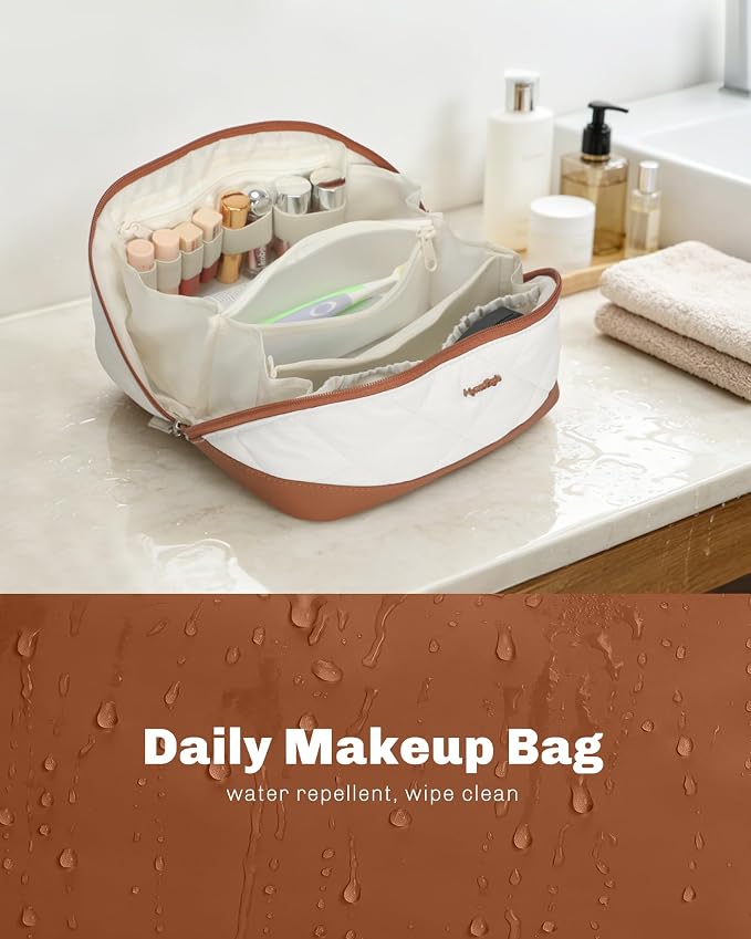 Hynes Eagle Travel Makeup Bag for Women Puffy Cosmetic Organizer Pouch Open Flat Toiletry Bag for Toiletries Brushes Structured Base White