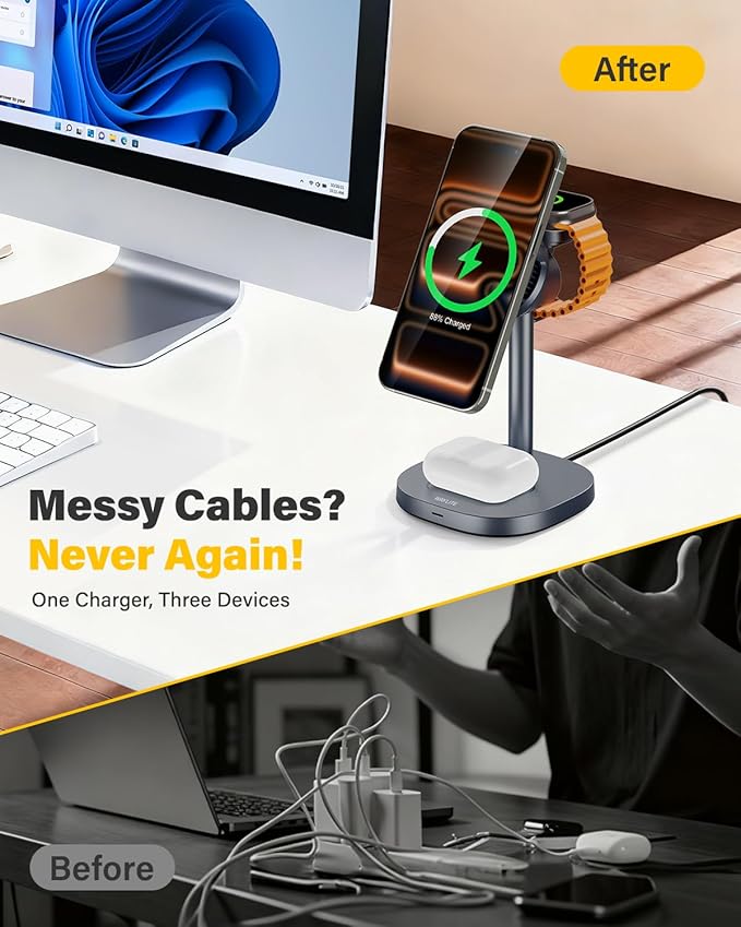 25W Fast Wireless Charger Stand for Apple MagSafe Charger, 3 in 1 Charging Station with TEC Cooling, Magnetic Wireless Charger for iPhone17/16/15/14/13/12, Apple Watch, AirPods, Gifts for Men