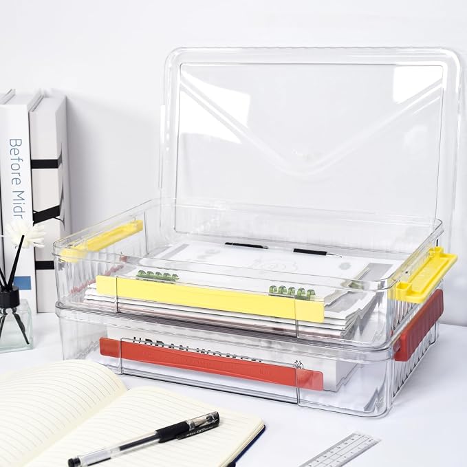 Clear Storage Boxes with Lid - A4 Transparent Paper Storage Organiser with Handle and Portable Project Case Organizer for Storing Certificates, Scrapbook, Toys, and Invoices (Yellow Handle)