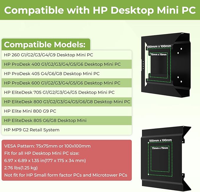 Mini PC VESA Mount for HP Mini PC Desktop with Mouse Pad, for HP Pro Mini 260,400, ProDesk 405, 600, Elite Mini 600, EliteDesk 705, 800, 805, Wall/Mount on Monitor Arm/Under Desk